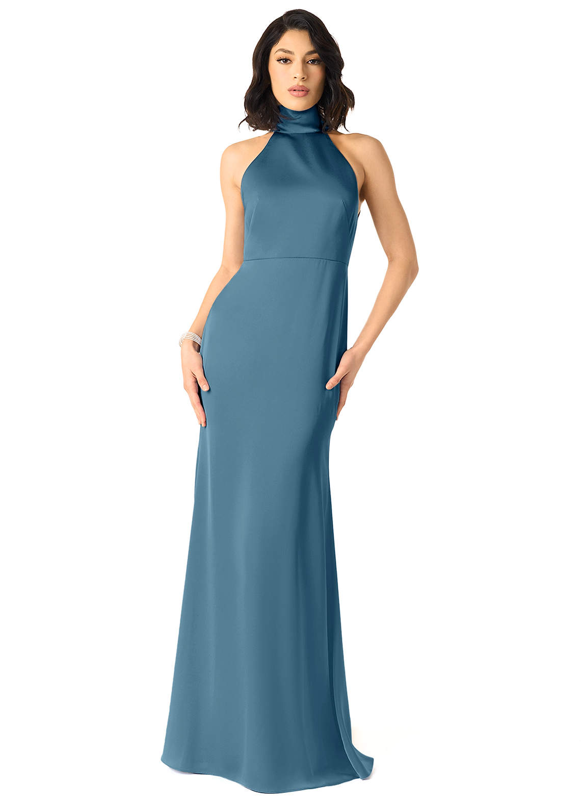 Azazie x Delaney Brautjungfernkleider Etui Hoher Kragen Stretch-Satin Kleid Bermudablau image1
