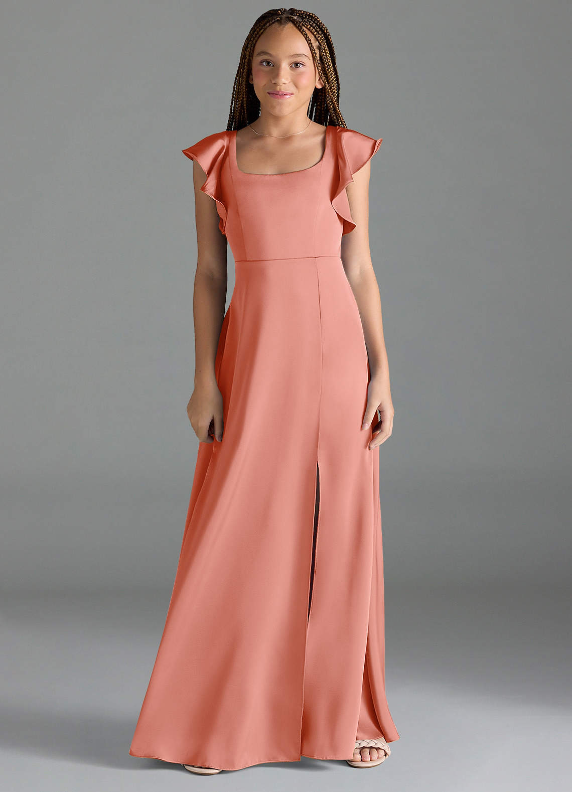 Azazie Bondi Junior Coral A-Line Side Slit Stretch Satin Dress image1