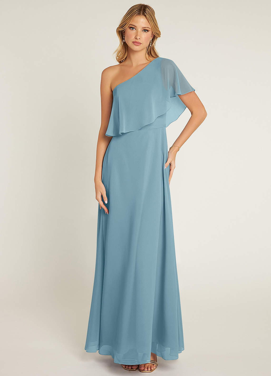 Azazie Lizzy Bridesmaid Dresses Moody Blue A-Line One Shoulder Chiffon Dress image1