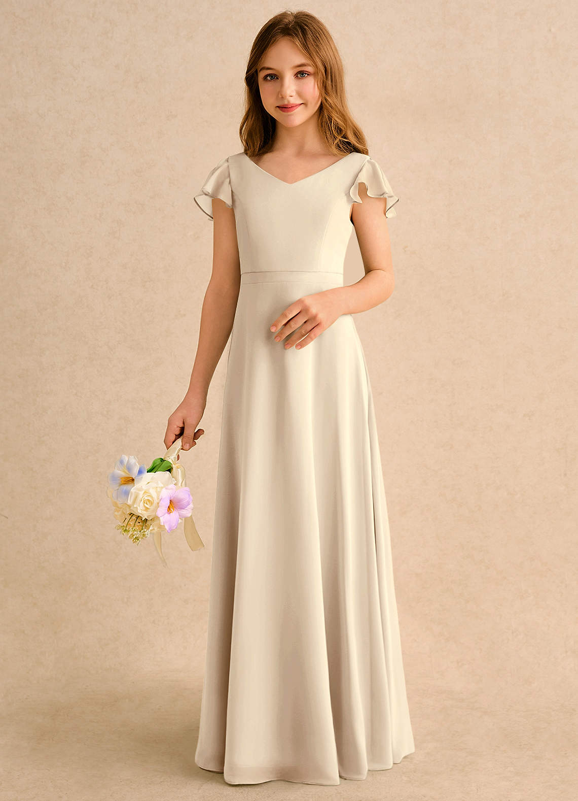 Azazie Nari Girls Formal Vestidos de florista Vestido Champanhe de Chiffon de Linha A com com Mangas image3