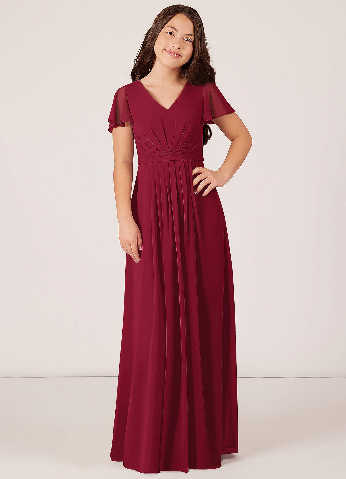 Azazie Peony Junior Burgundy A-Line Pleated Chiffon Dress image1