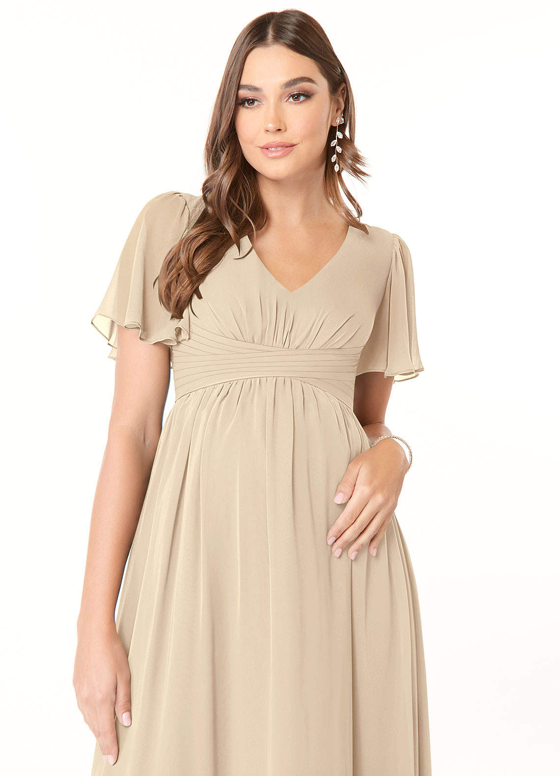 Azazie Verna vestidos de dama de honor de maternidad Vestido de Corte en A Cuello en V fruncido Hasta el suelo Gasa image4