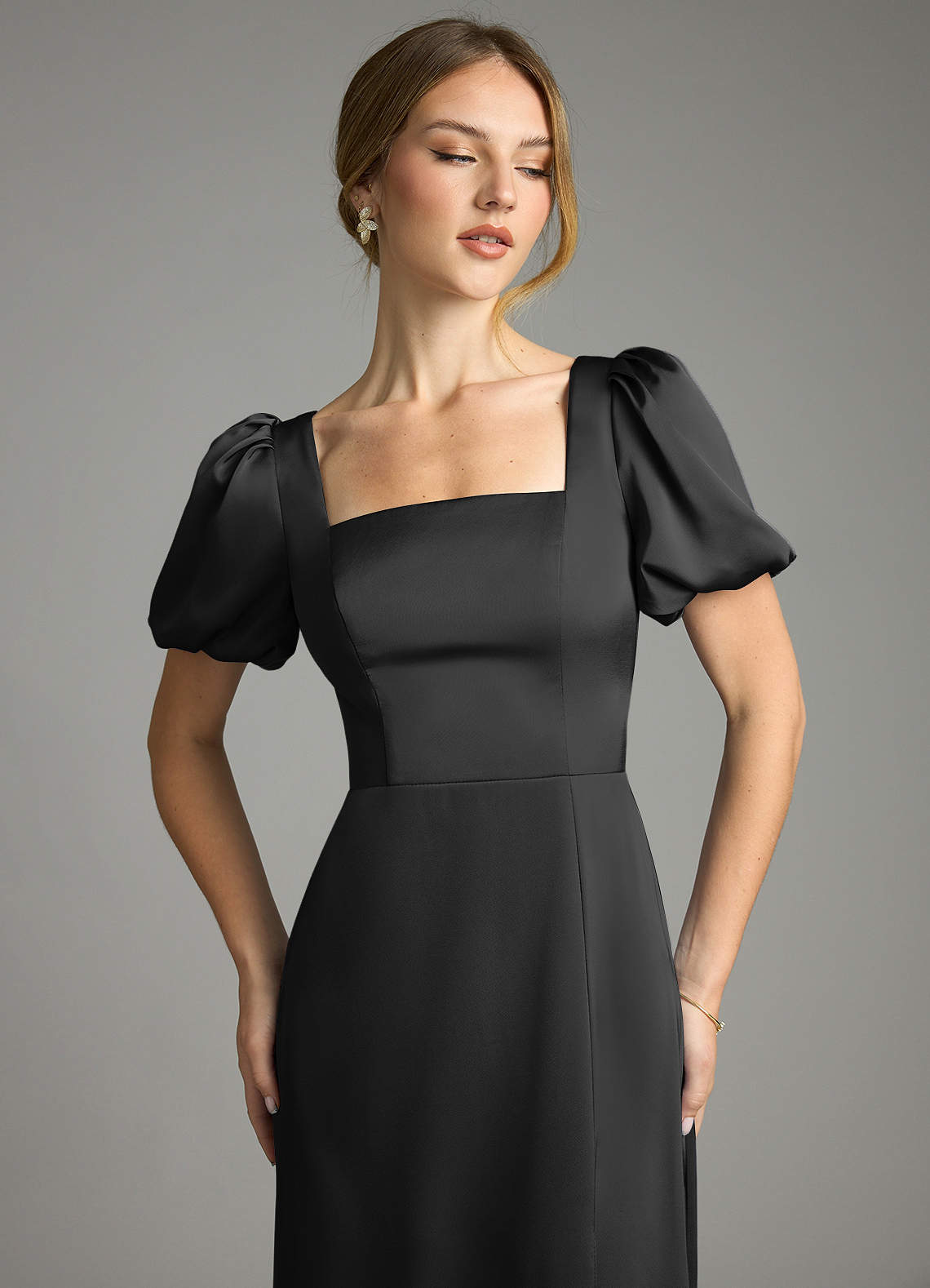 Azazie Fyona Vestidos de madrinha de casamento Vestido Preto de Cetim elástico de Linha A com Plissado image11
