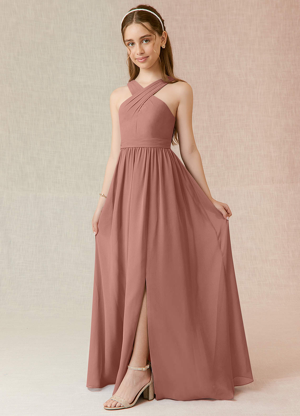 Azazie Jiya Junior Cedar Rose A-Line Pleated Chiffon Dress image1