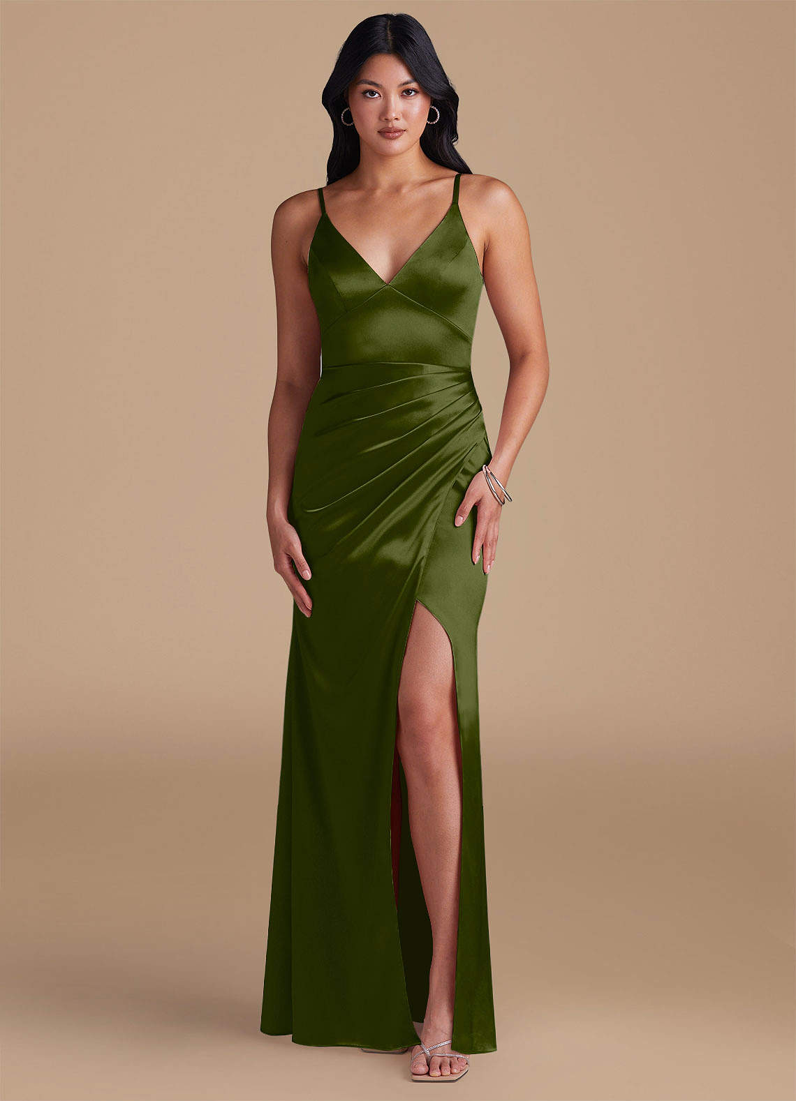 Azazie Shania Bridesmaid Dresses Olive Sheath Pleated Metallic Satin Dress image1
