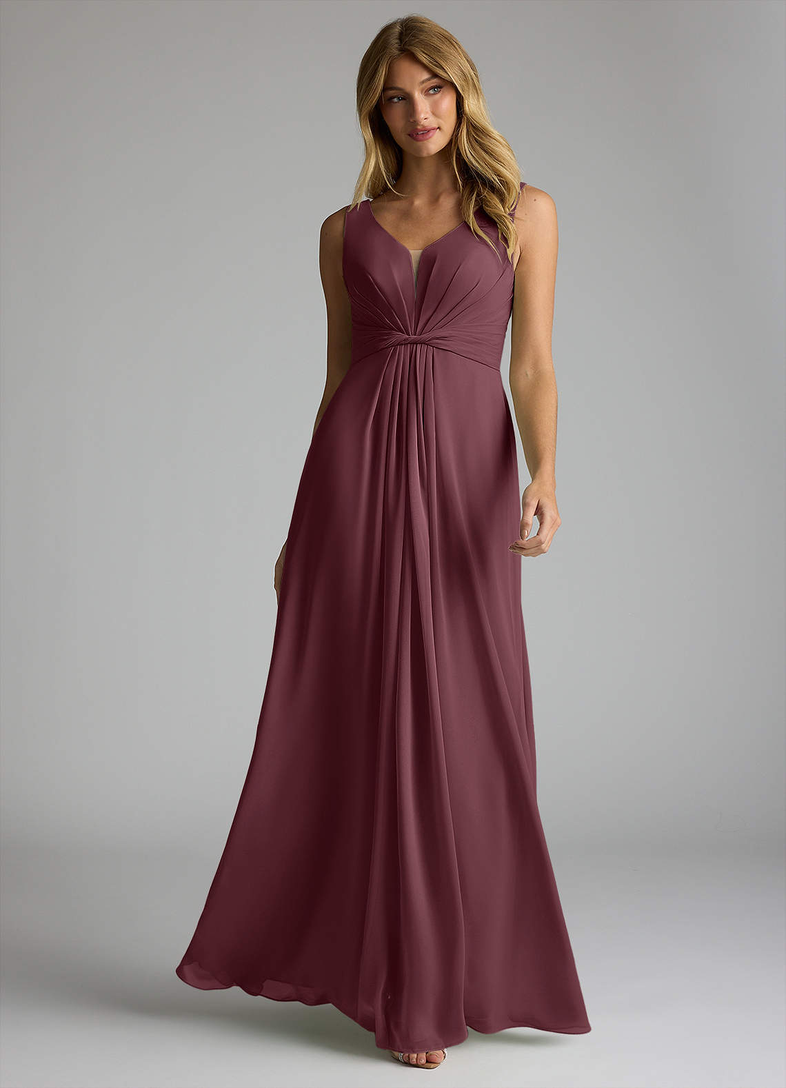 Azazie Gina Bridesmaid Dresses Sangria A-Line V-Neck Pleated Chiffon Dress image1