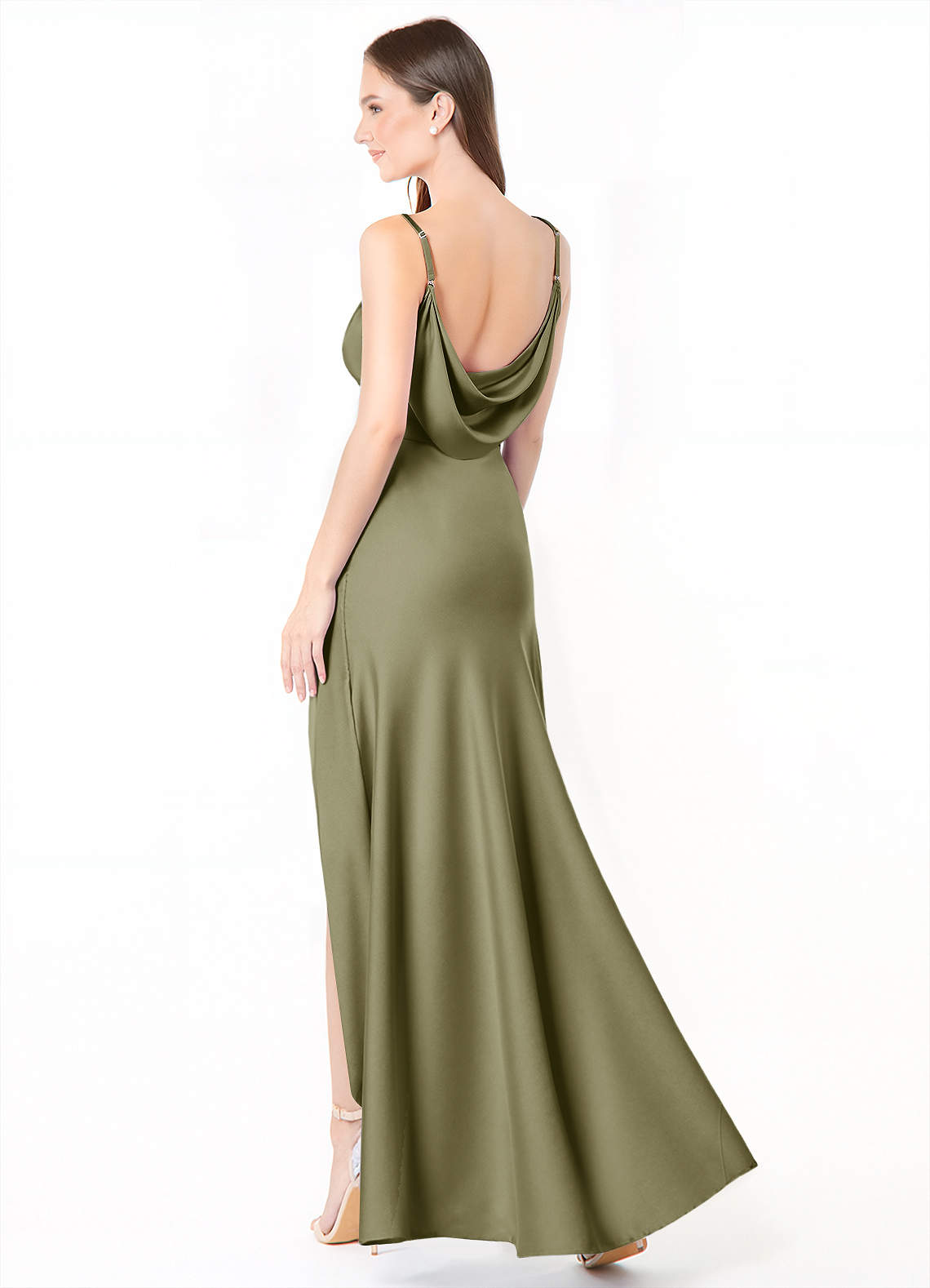 Azazie Alaija Robes de demoiselle d'honneur Robe Sirène en Satin extensible Fente Latérale Pistache image1