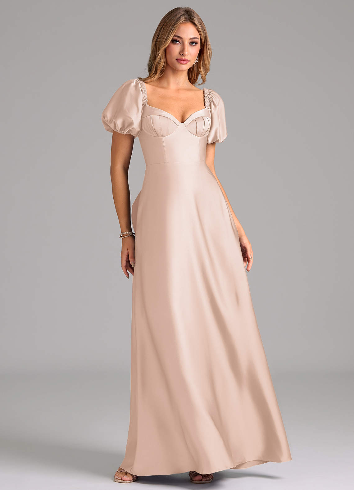 Azazie Fatima Bridesmaid Dresses Blushing Pink A-Line Pleated Stretch Satin Dress image1