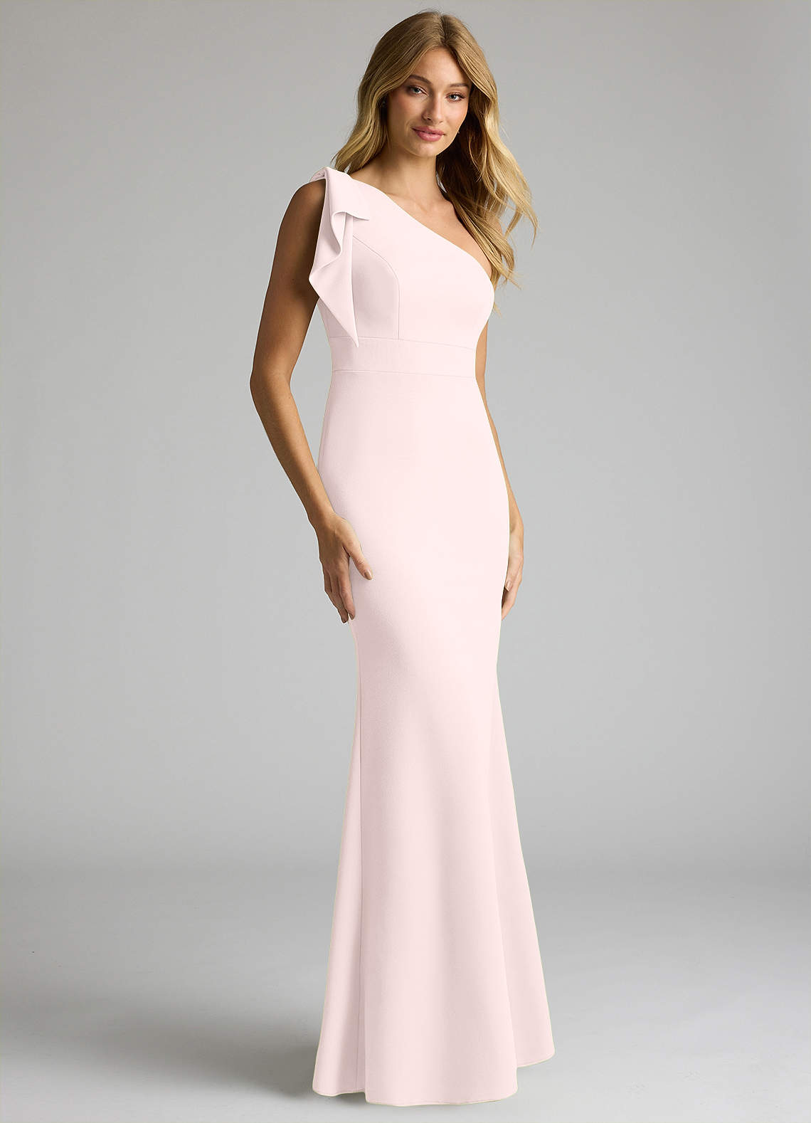 Azazie Rinna Bridesmaid Dresses Blushing Pink Mermaid One Shoulder Stretch Crepe Dress image1