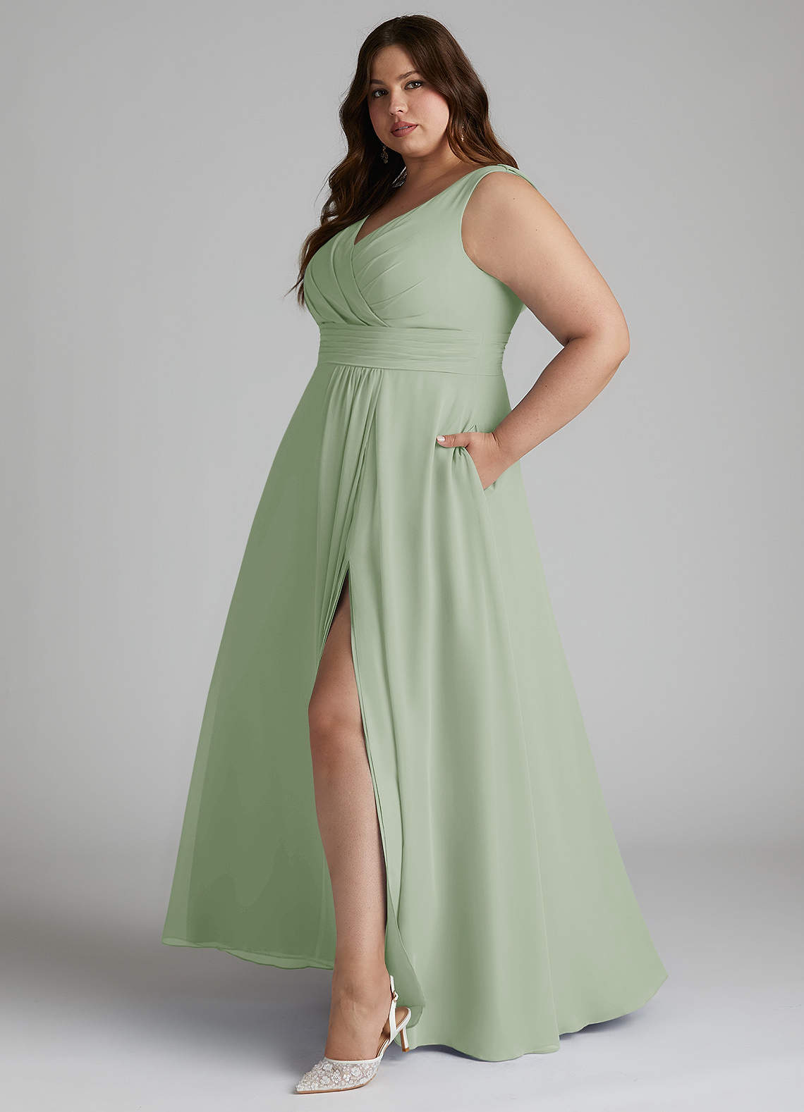 Azazie Karina Bridesmaid Dresses Dusty Sage A-Line Pleated Chiffon Dress image7