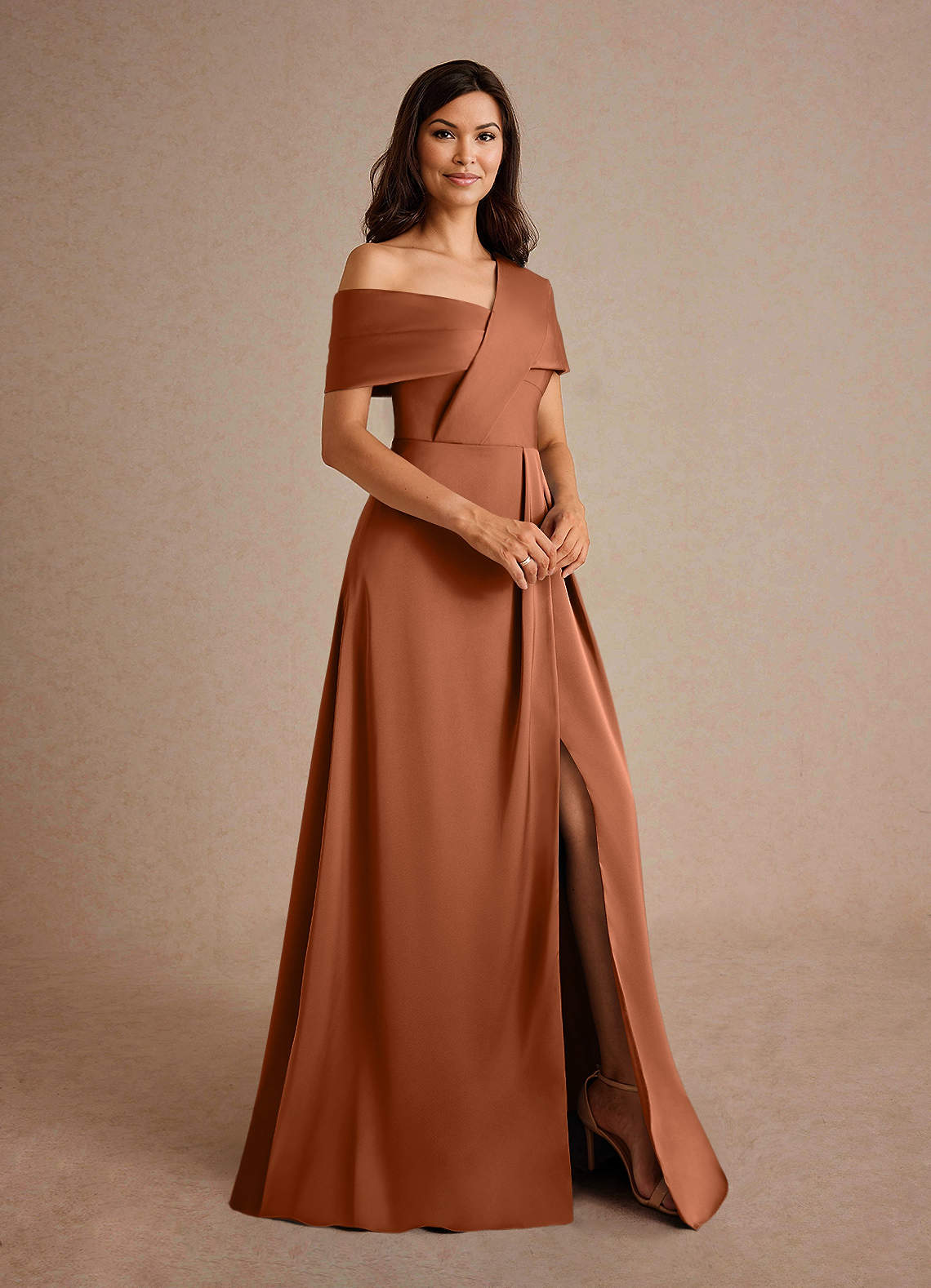 Azazie Plus Size A-Line/Princess Asymmetrical Neckline Floor-Length Stretch Satin Mother of The Bride or Groom Dresses - Copper