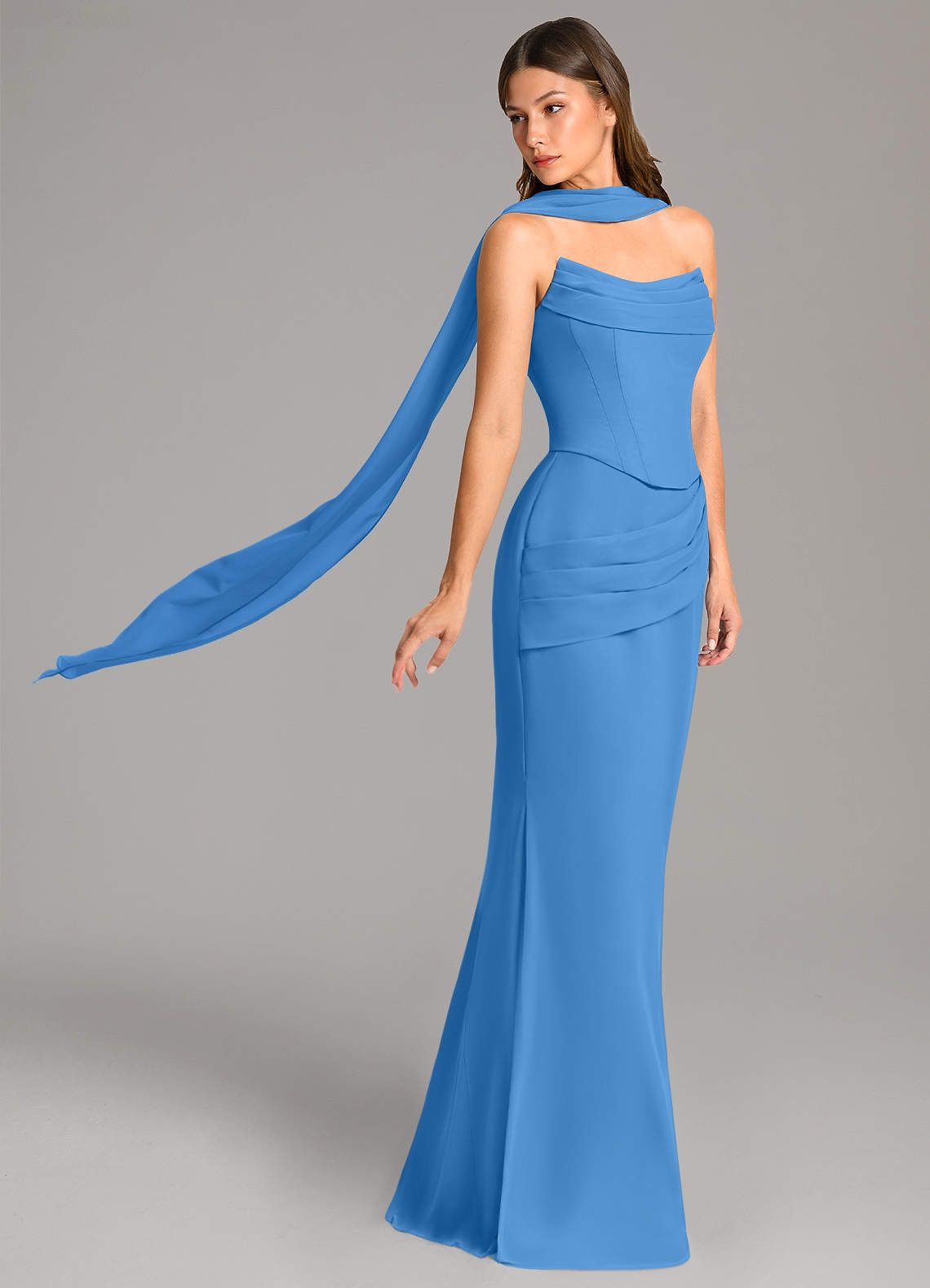 Azazie Sorrel Vestidos de damas de honor Vestido de Azul Grisaceo de Gasa de Corte Sirena con Corsé image2