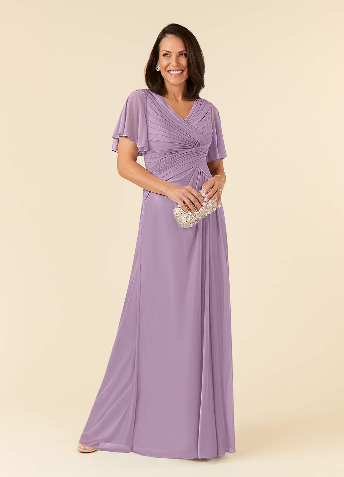 Azazie Emmeline Mother of the Bride Dresses Wisteria A-Line V-Neck Pleated Mesh Dress image1
