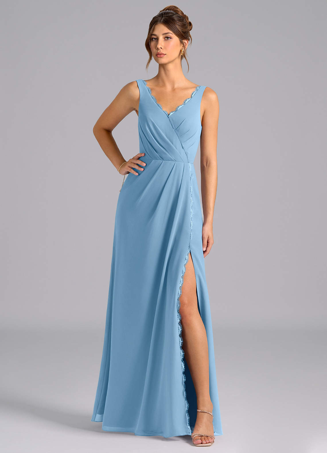 Azazie Bernice Bridesmaid Dresses Steel Blue A-Line Pleated Chiffon Dress image1