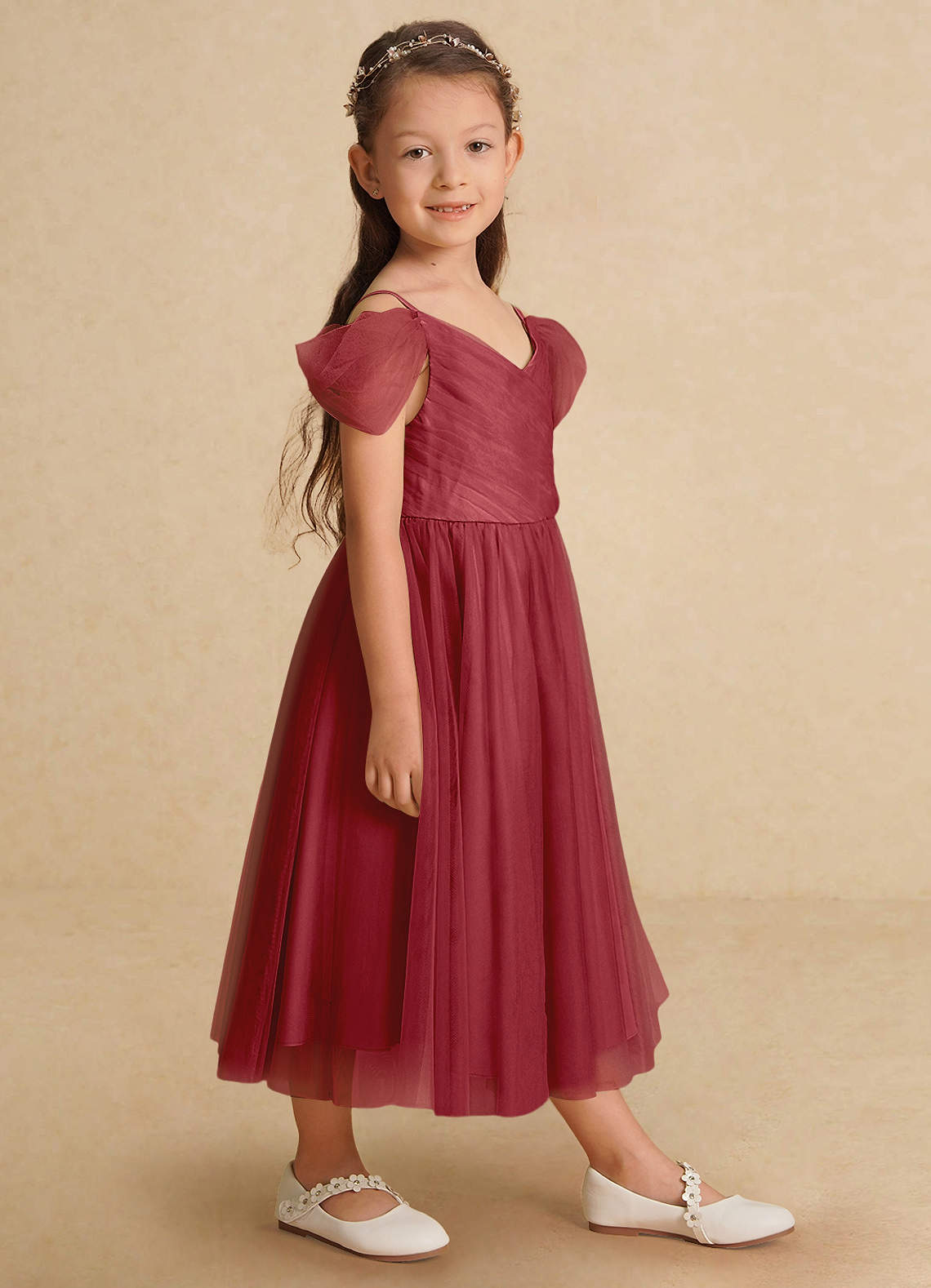 Azazie Lizzette Flower Girl Dresses Pomegranate A-Line Ruched Tulle Dress image1