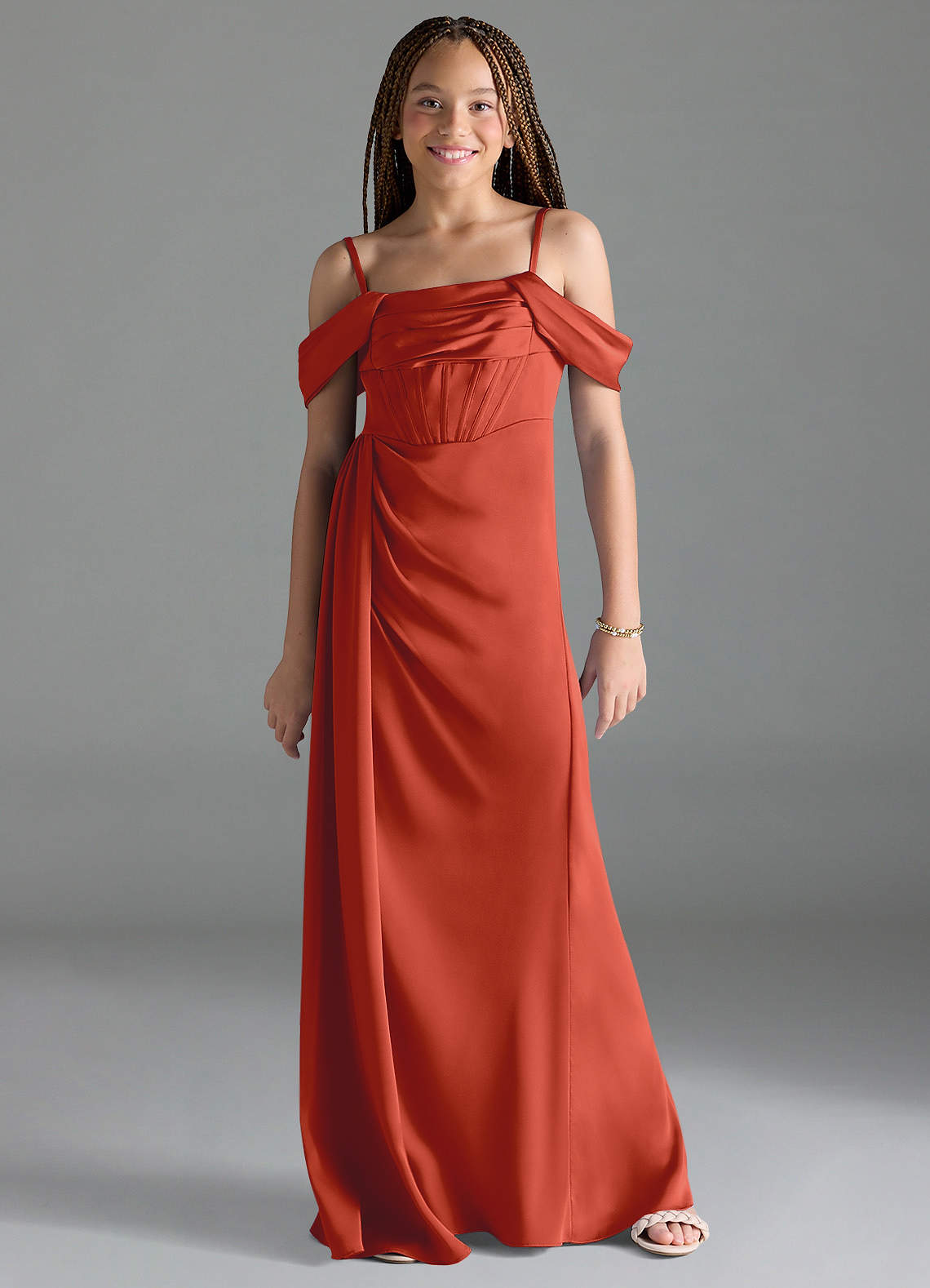 Azazie Amyra Junior Rust Sheath Off the Shoulder Stretch Satin Dress image1