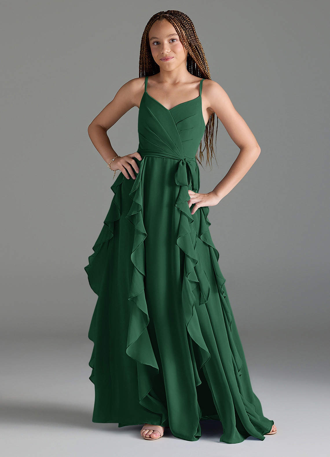 Azazie Peyton Junior Dark Green A-Line V-Neck Cascading Ruffles Chiffon Dress image1