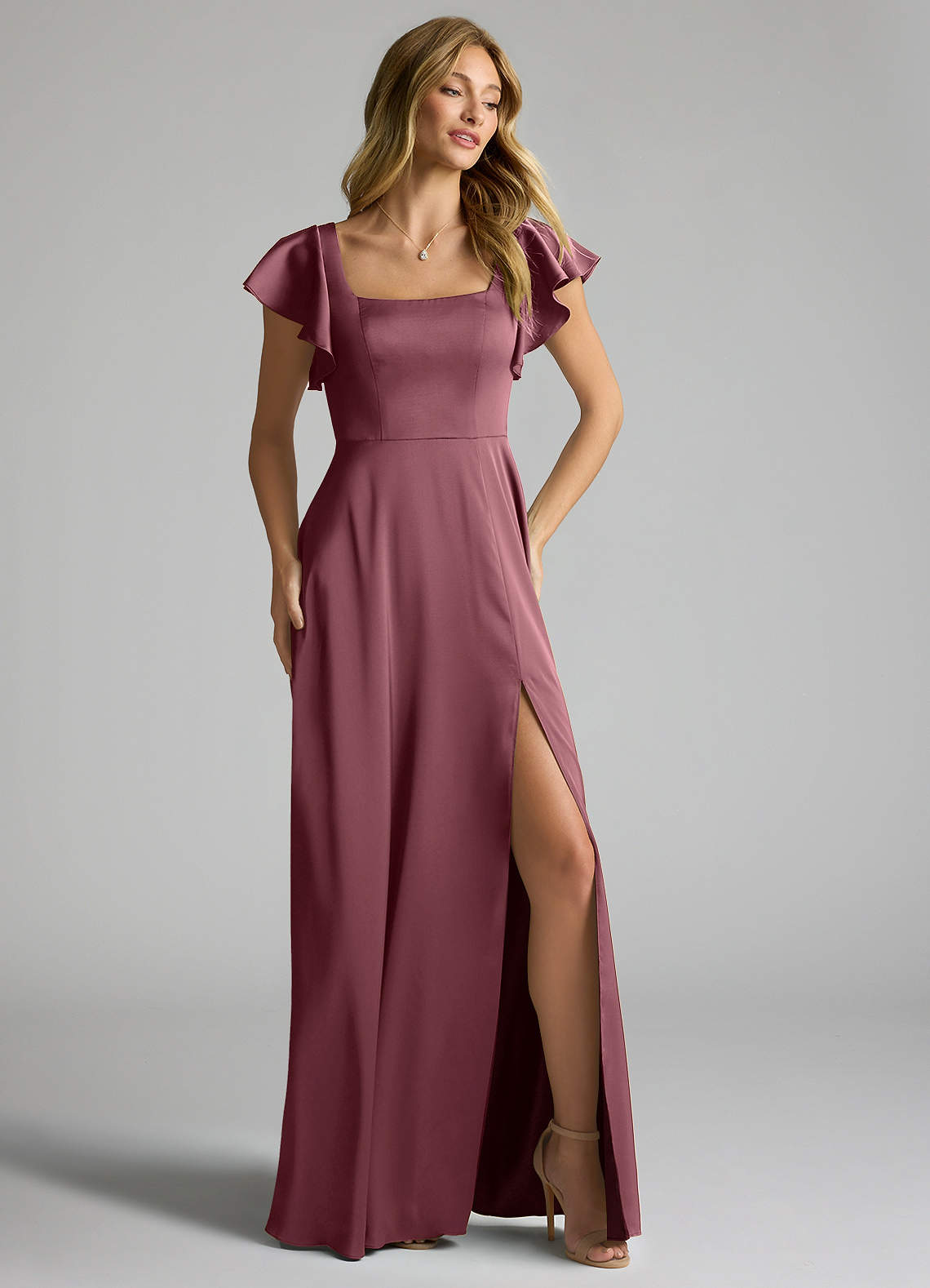 azazie desert rose bridesmaid dresses A-Line Square Neck Floor-Length Stretch Satin LowStock:44343026024499 Short Mother of the Color:Red Silver The back of this