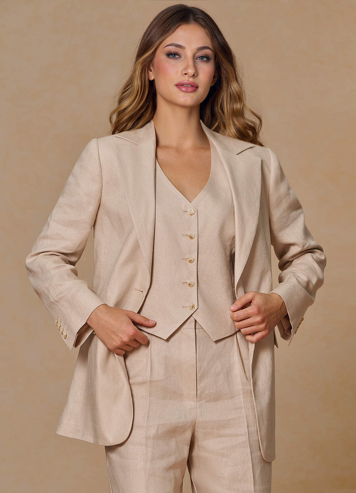 front Belicia Tan 100% Linen Blazer