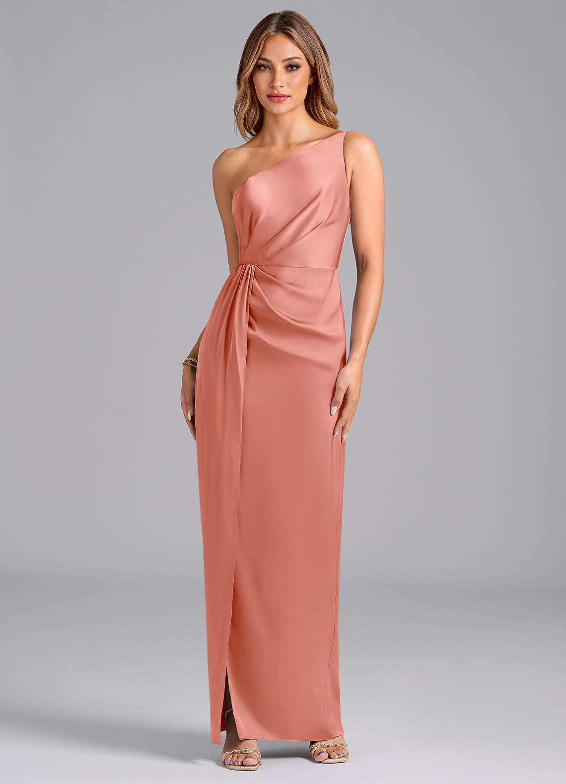 Azazie Naria Bridesmaid Dresses Coral Sheath One Shoulder Stretch Satin Dress image1