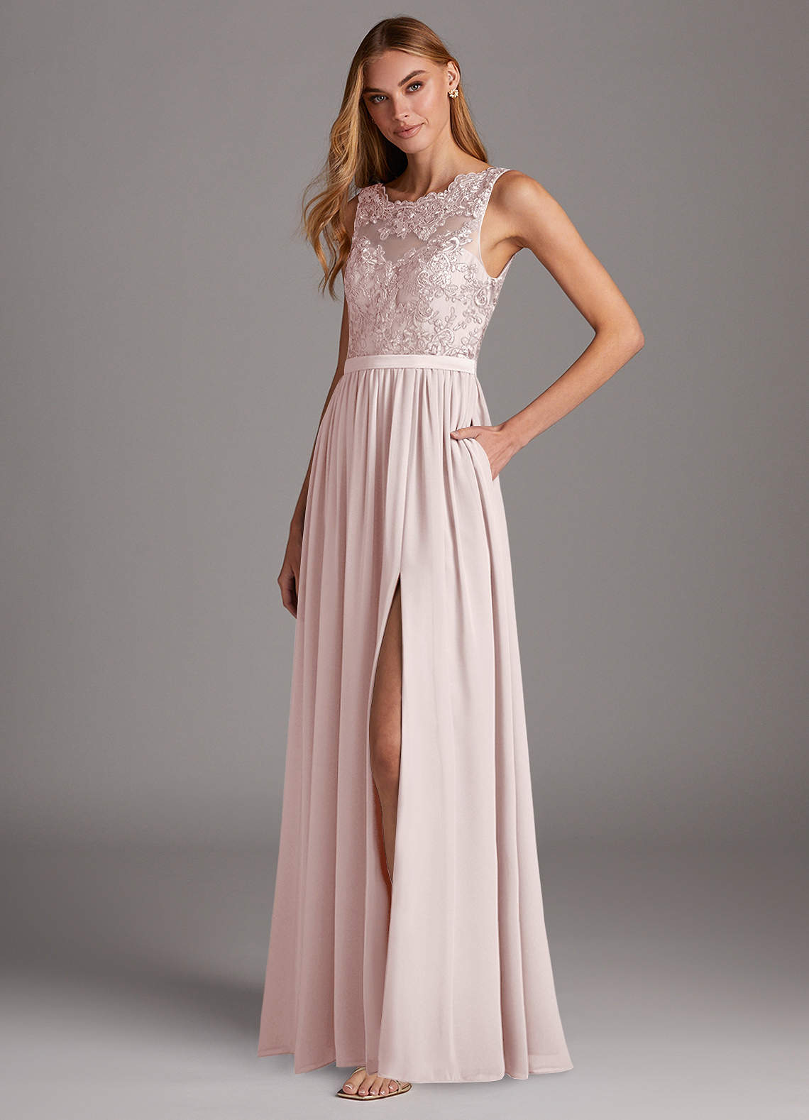 Azazie Elly Bridesmaid Dresses Blushing Pink A-Line Lace Scoop Neck Chiffon Dress image1