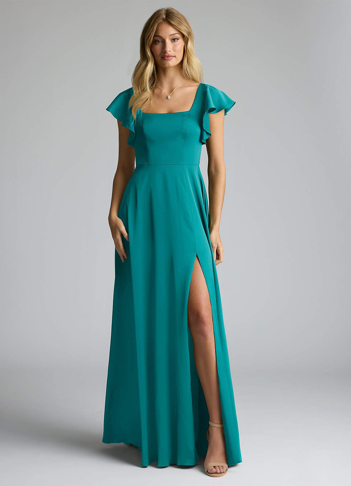 Azazie Bondi Bridesmaid Dresses Teal A-Line Bow Stretch Satin Dress image4
