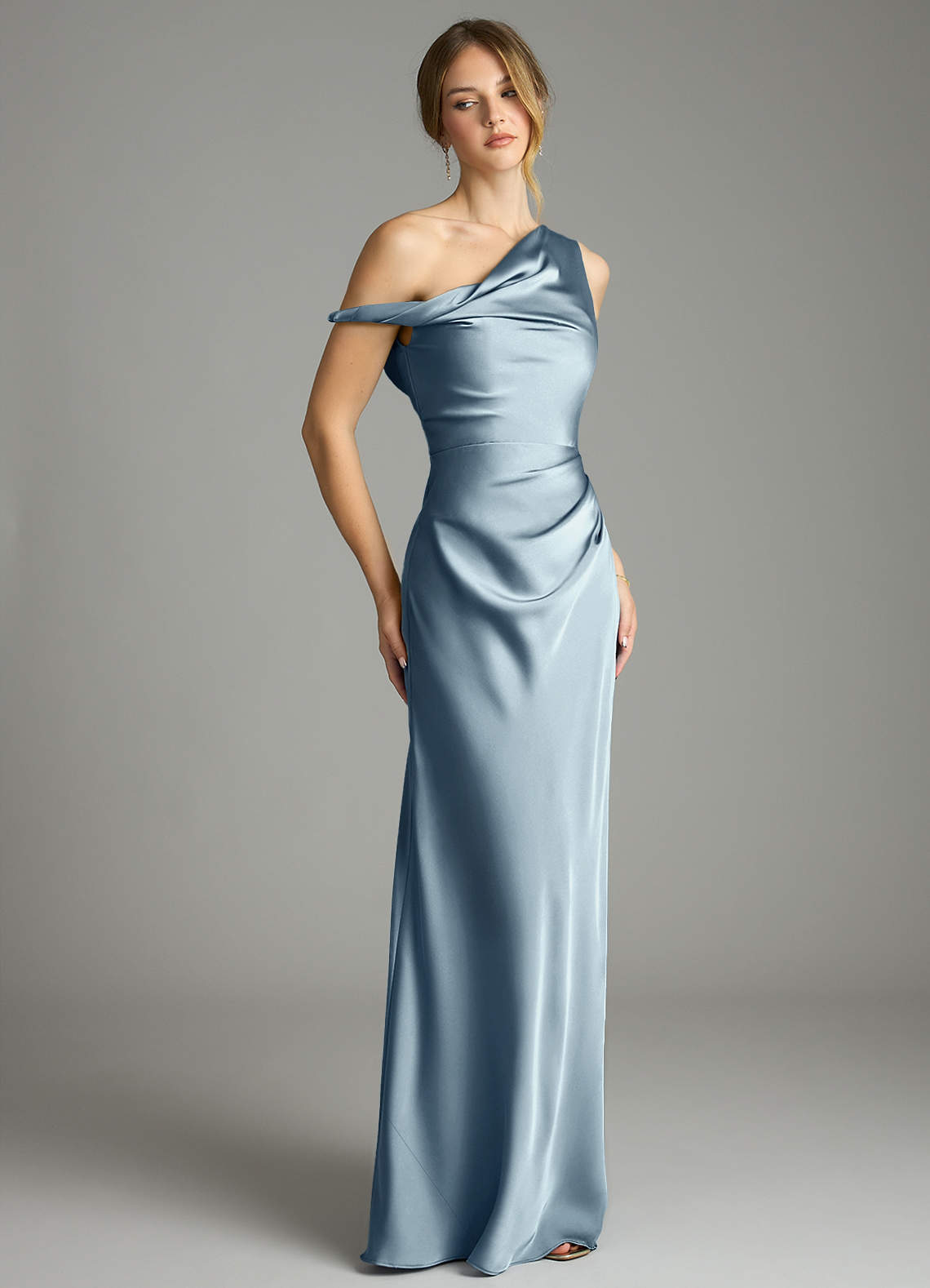 Azazie Emerson Bridesmaid Dresses Dusty Blue Mermaid Off the Shoulder Stretch Satin Dress image4