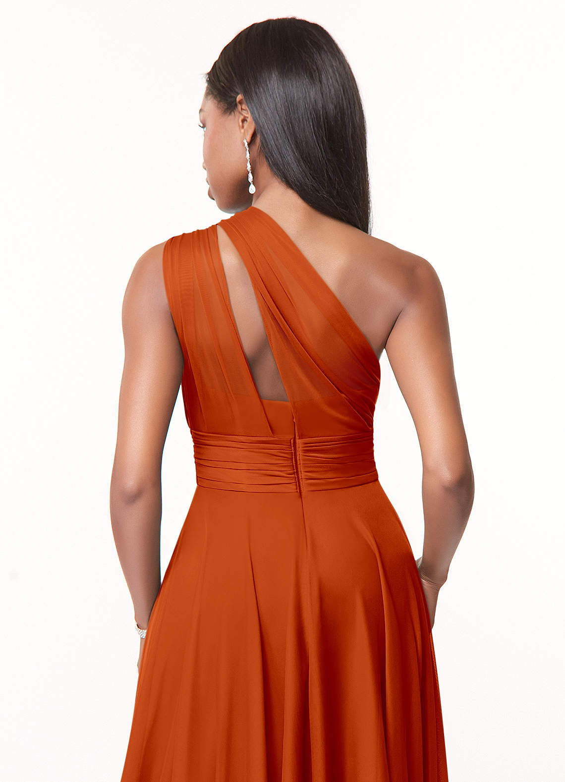 Azazie Charlize Bridesmaid Dresses Paprika A-Line One Shoulder Mesh Dress image3