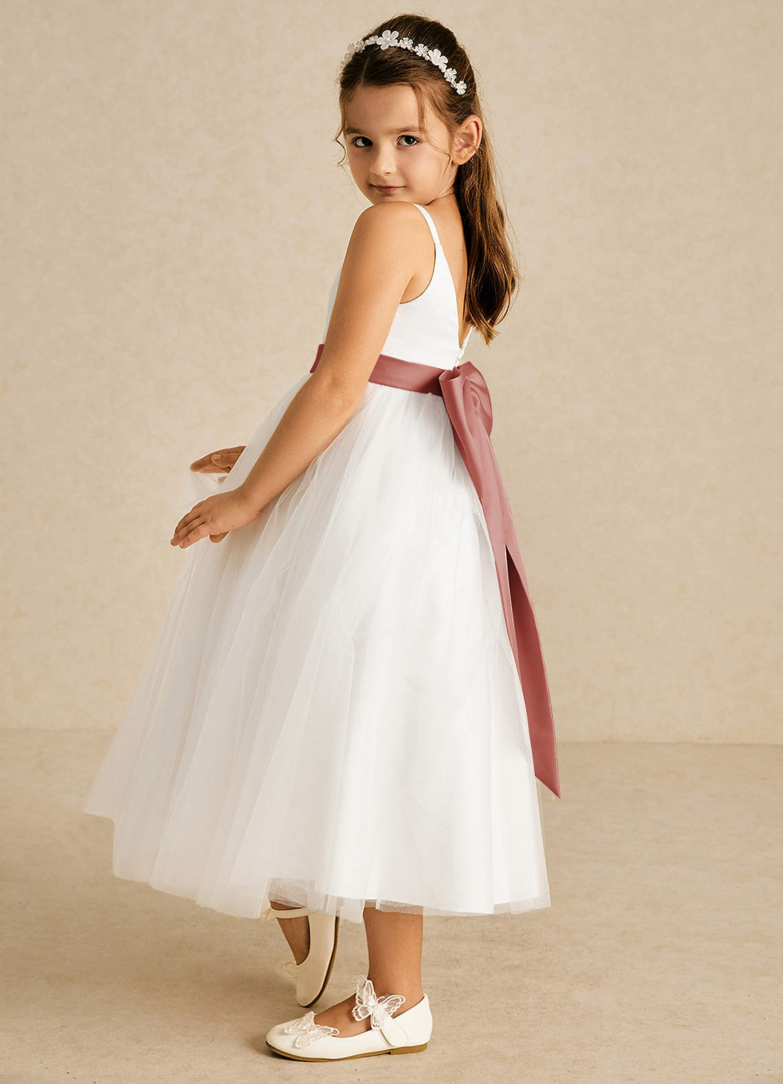 Azazie Lea vestidos de niña de las flores Vestido de Rosa De Cedro de Tul de Corte En A con Tirante Espagueti image3