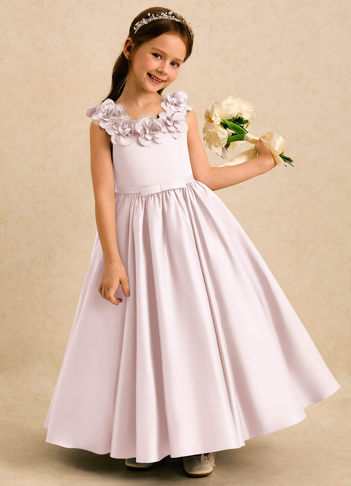 Azazie Eden Flower Girl Dresses Blushing Pink Ball-Gown Pleated Matte Satin Dress image1