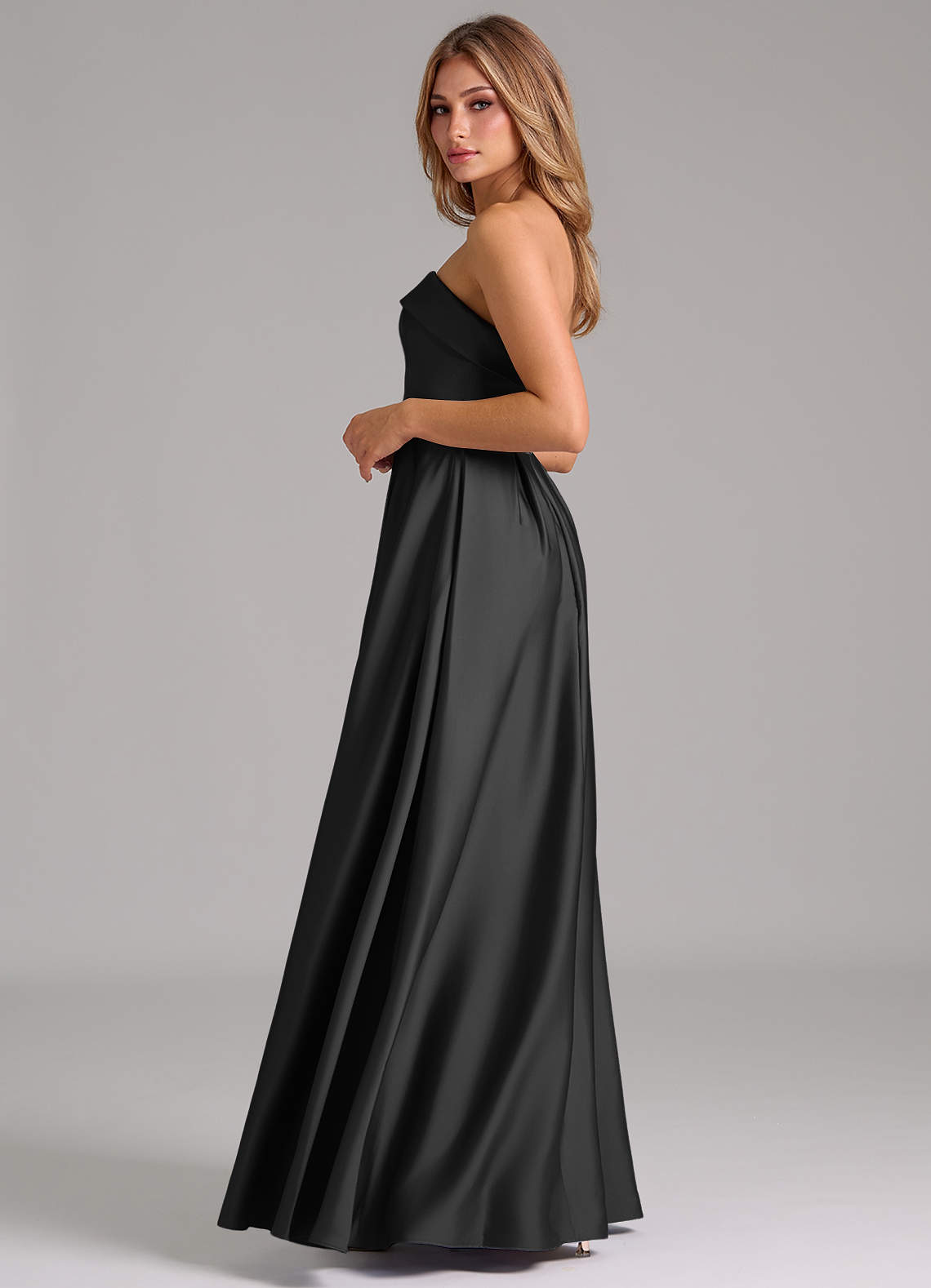 Azazie Lucienne Bridesmaid Dresses Black A-Line Strapless Stretch Satin Convertible Dress image2