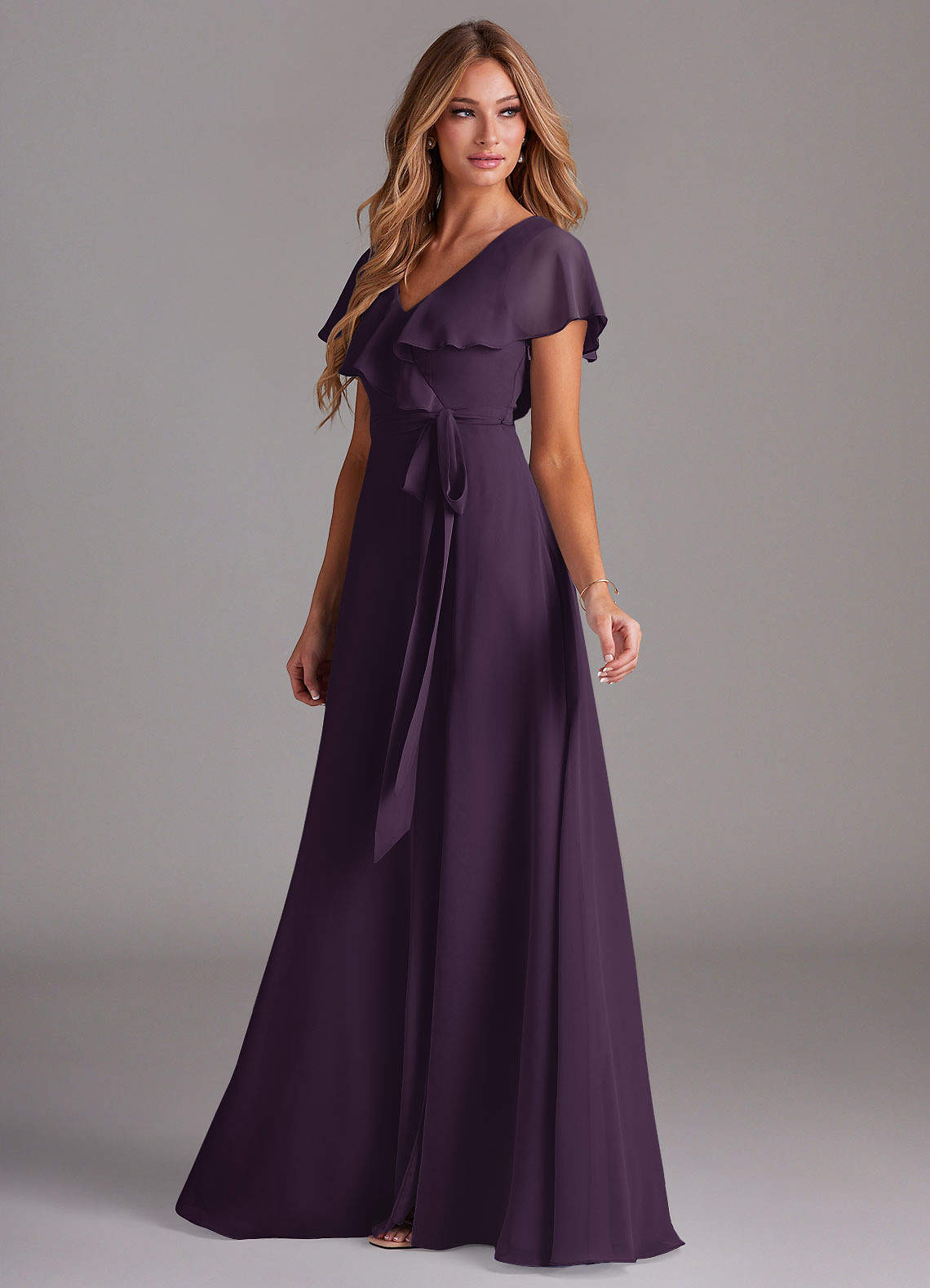Azazie A-Line V-Neck Floor-Length Chiffon Bridesmaid Dresses - Plum