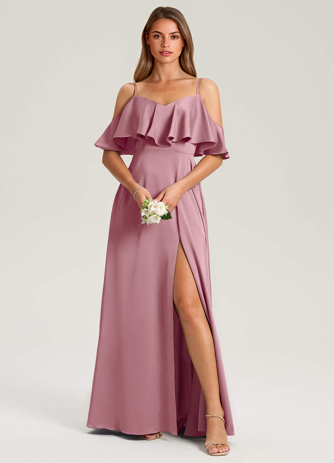 Azazie Jean Bridesmaid Dresses Vintage Mauve A-Line Off the Shoulder Stretch Satin Dress image1