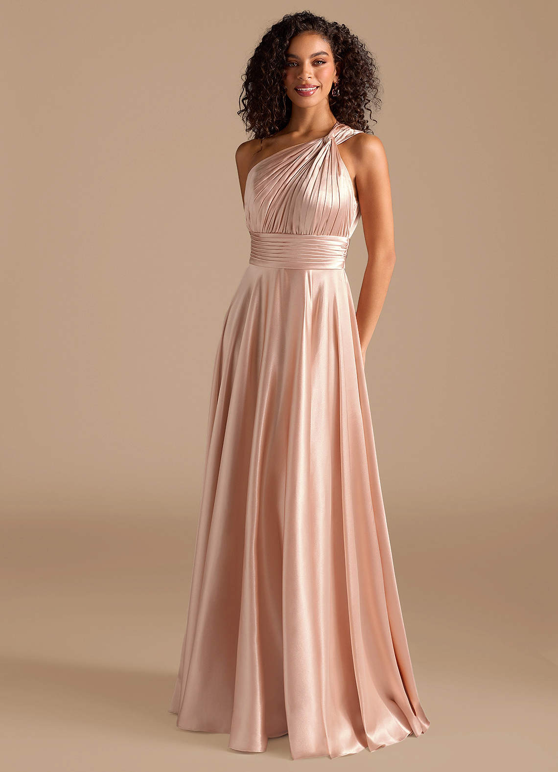 Azazie Charlize Bridesmaid Dresses English Rose A-Line One Shoulder Metallic Satin Dress image1