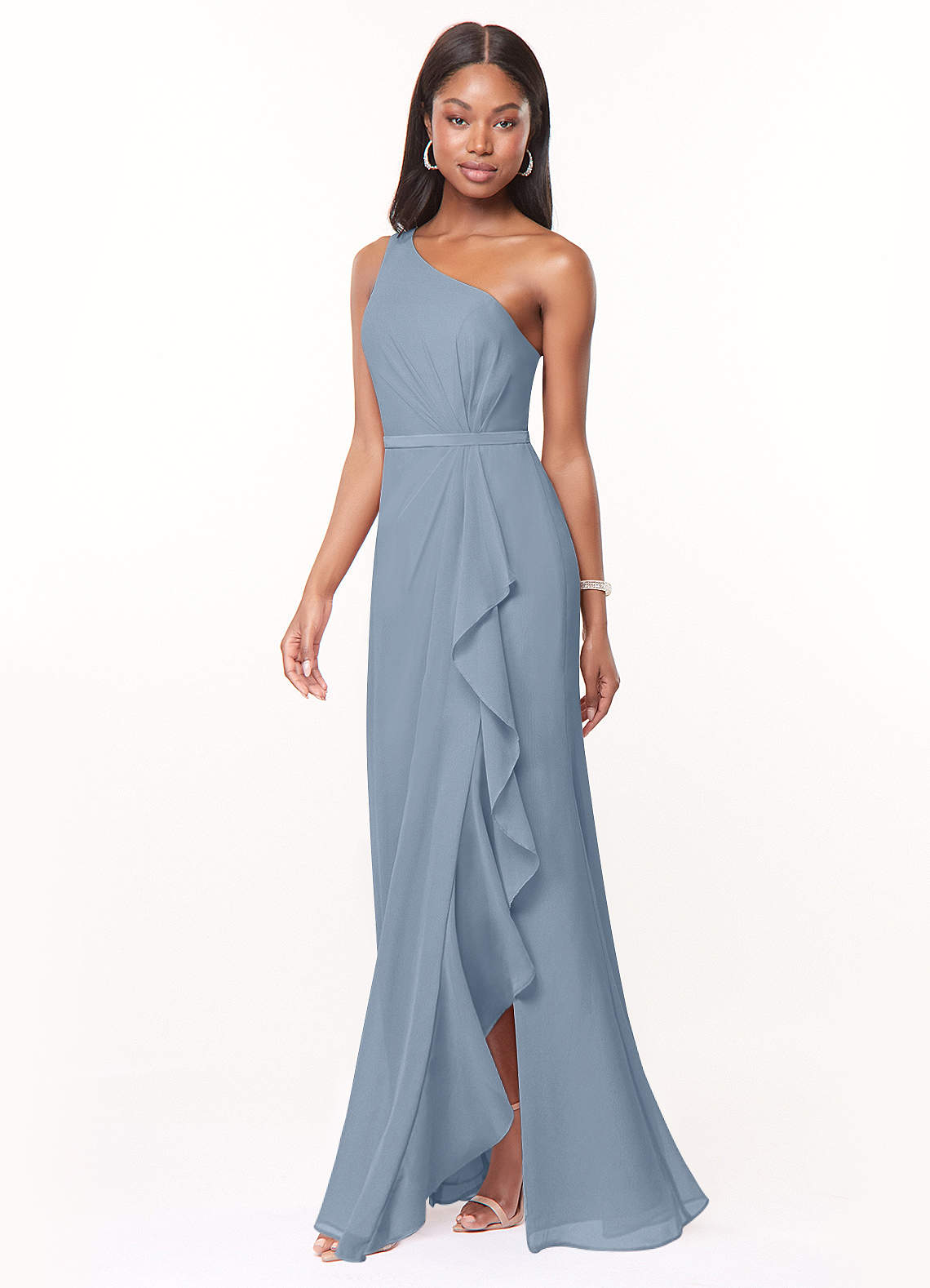 Azazie Liza Vestidos de damas de honor Vestido de Azul Polvoriento de Gasa de Corte Sirena con Hombro unilateral image1