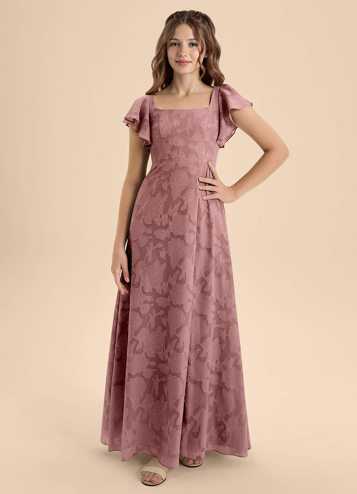 Azazie Bondi Junior Dusty Rose A-Line Bow Floral Burnout Dress image3