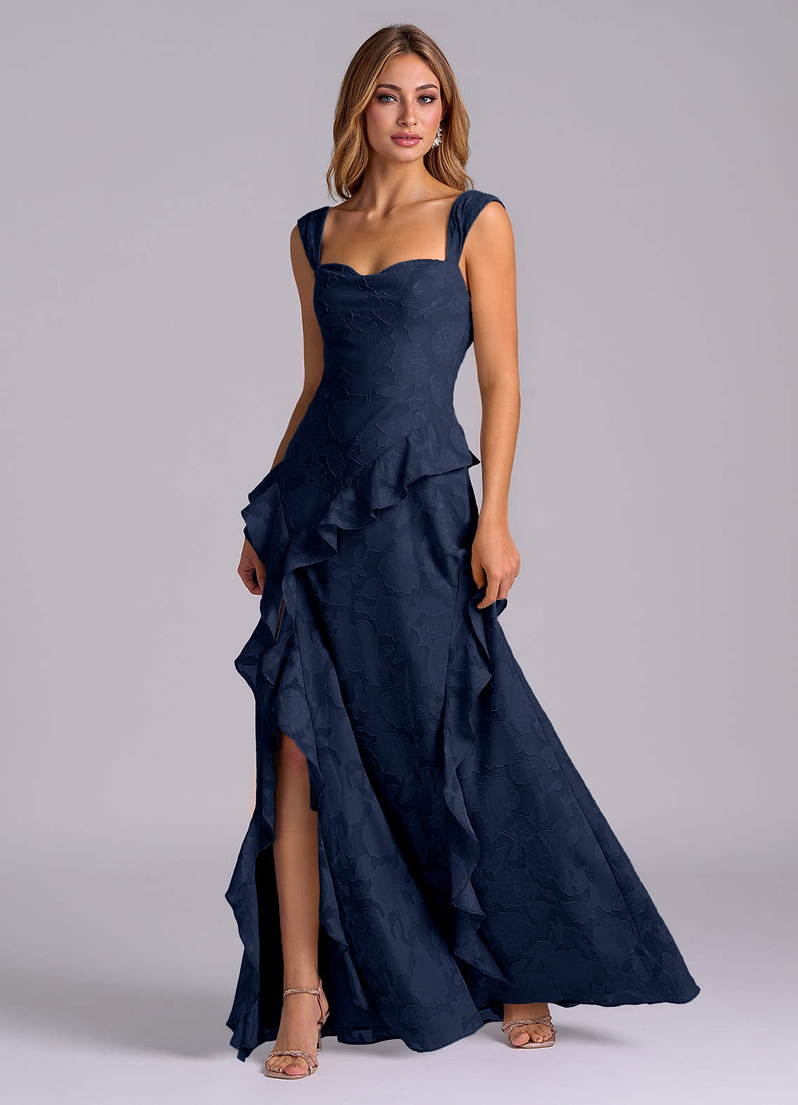 Azazie Sloane At-home Try On Dresses Dark Navy A-Line Sweetheart Neckline Floral Burnout Dress image2