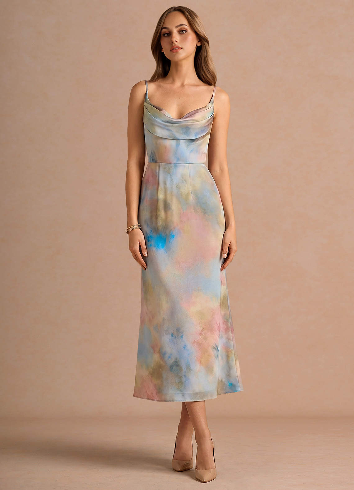 watercolor cocktail dress Azazie Cowl Column Midi Cocktail Dresses in Watercolor