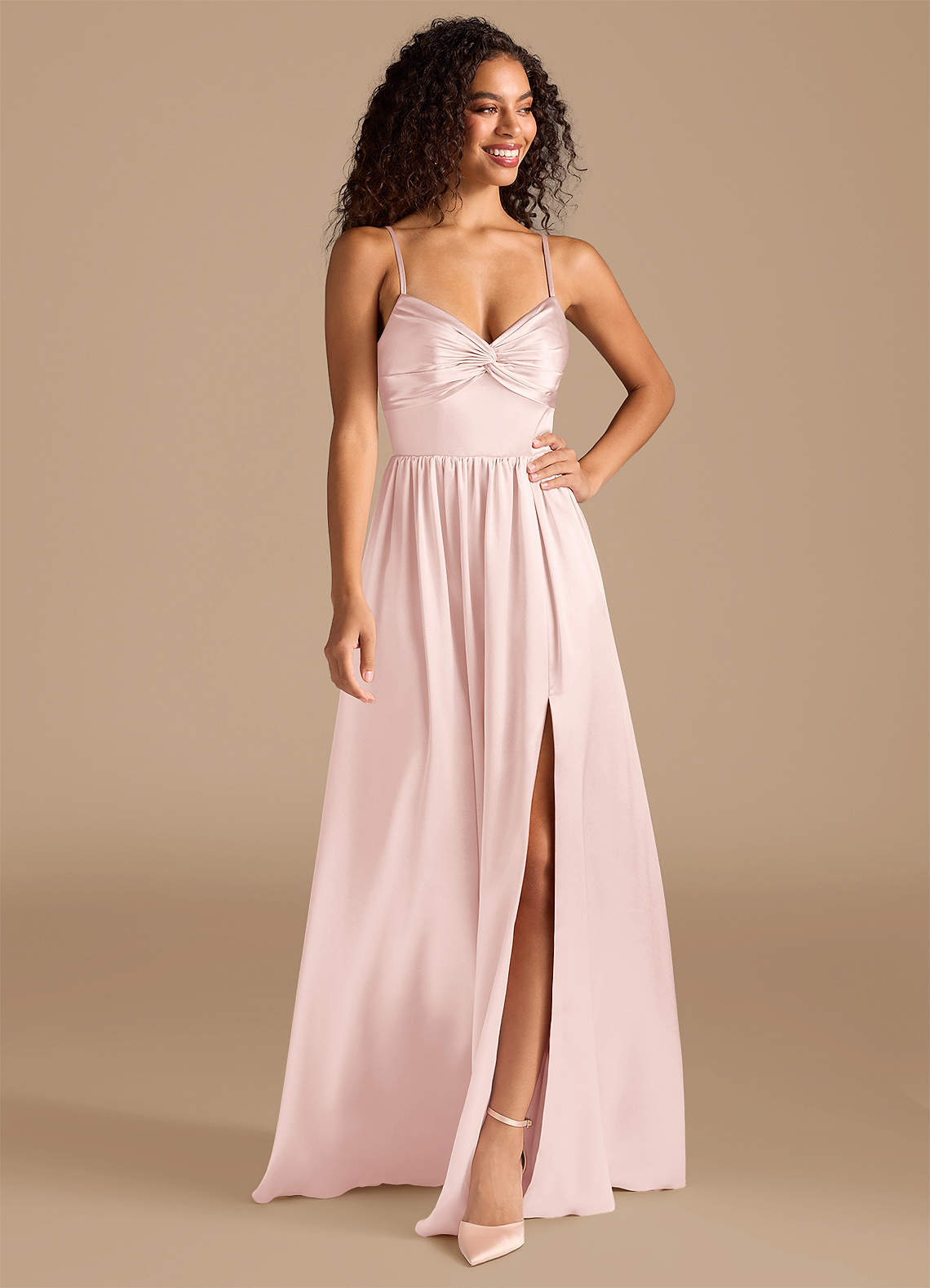 Azazie Zeya Bridesmaid Dresses Blushing Pink A-Line Pleated Metallic Satin Dress image1