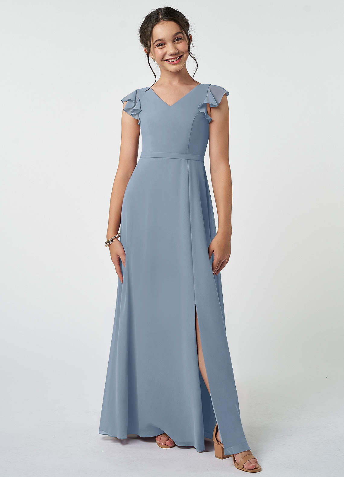 Azazie Claudine Junior Robe Trapèze en Mousseline de soie Plissée Bleu Poussiéreux image1