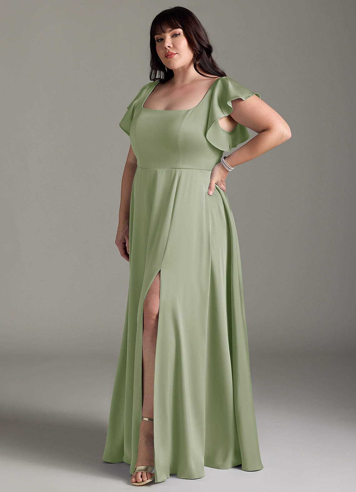 Azazie Bondi Vestidos de madrinha de casamento Vestir Dusty Sage de Cetim elástico de Linha A com Arco image8
