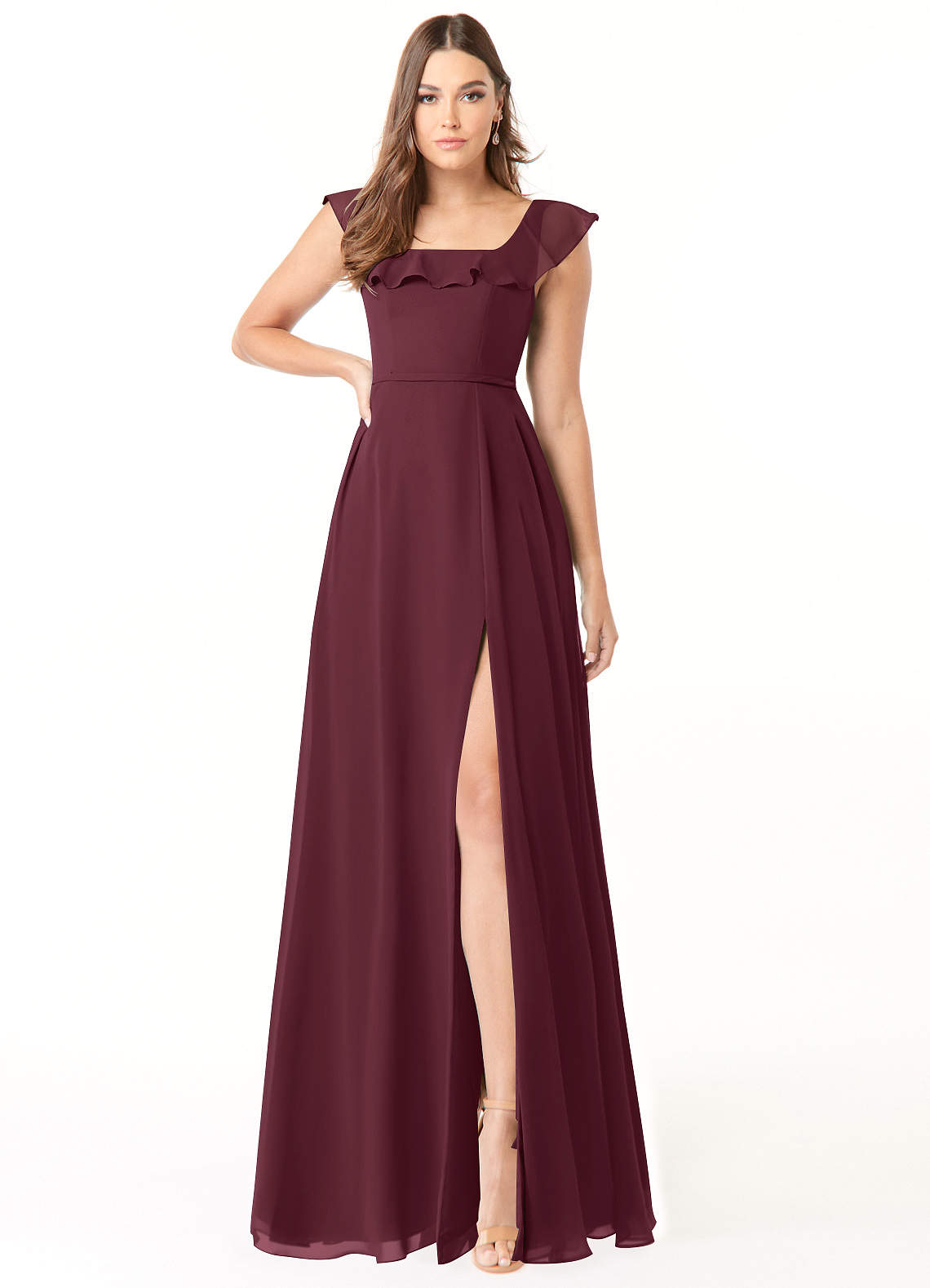 Azazie Jinny Abiti da Damigella Abito A-Line in Chiffon con Scollo Quadrato e Increspature Cabernet image1