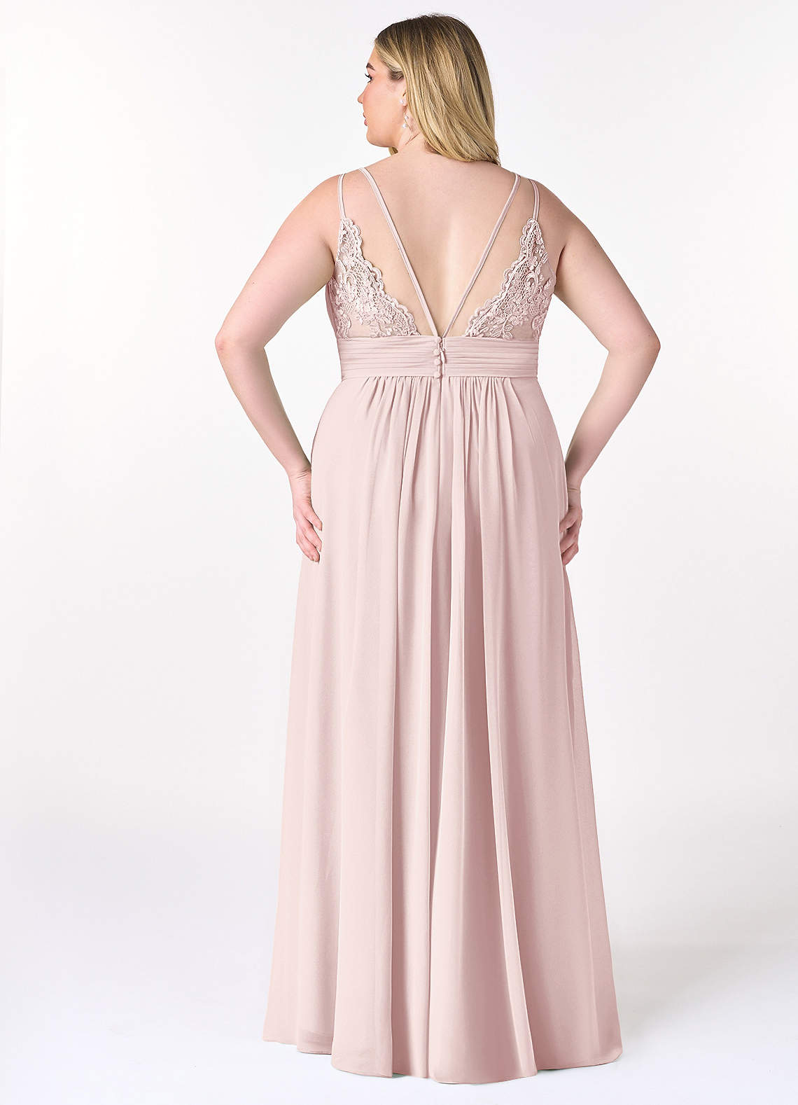 Azazie Maren Allure At-home Try On Dresses Blushing Pink A-Line V-Neck Lace Chiffon Dress image6
