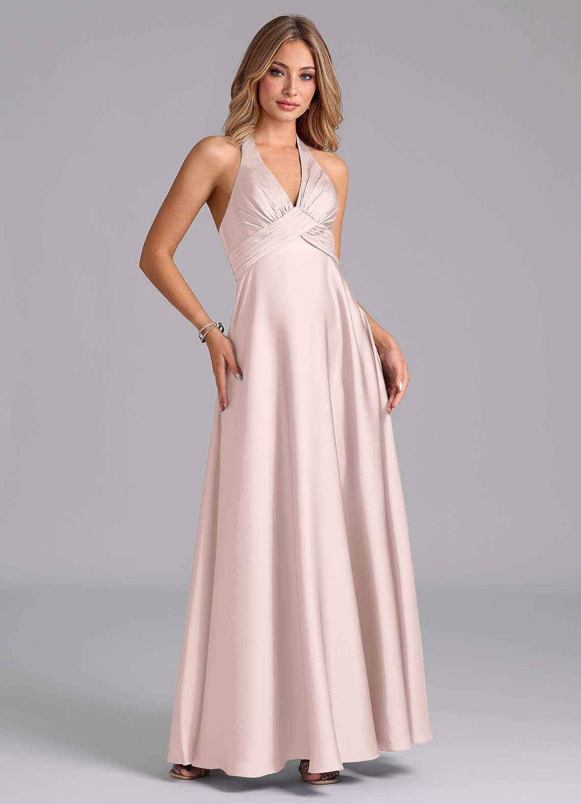 Azazie Tessie Vestidos de damas de honor Vestido de Rosa Rubor de Satén Elástico de Línea A con Plisado image4