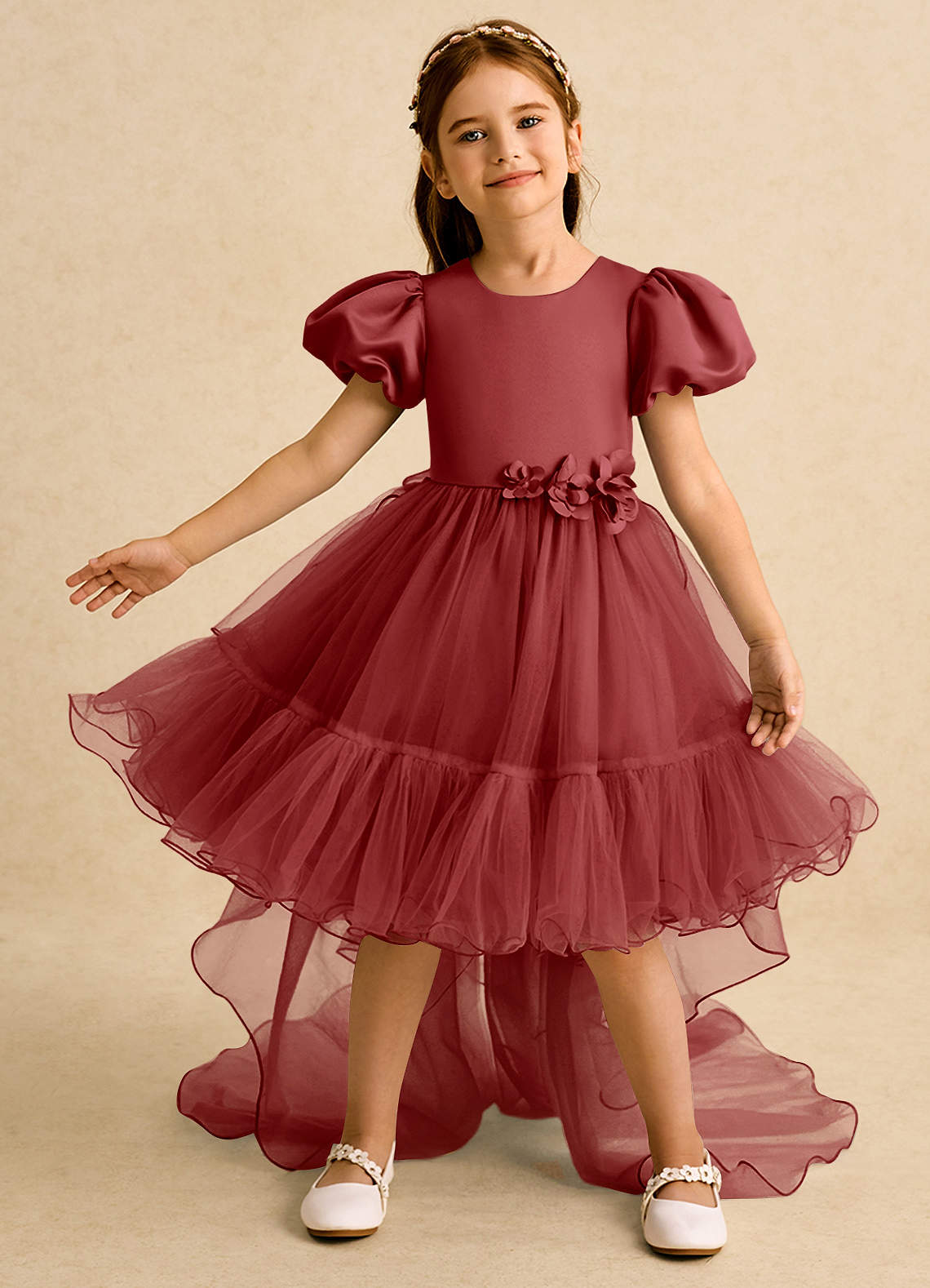Azazie Cocoa vestidos de niña de las flores Vestido de Óxido de Tul de Princesa con Plisado image1