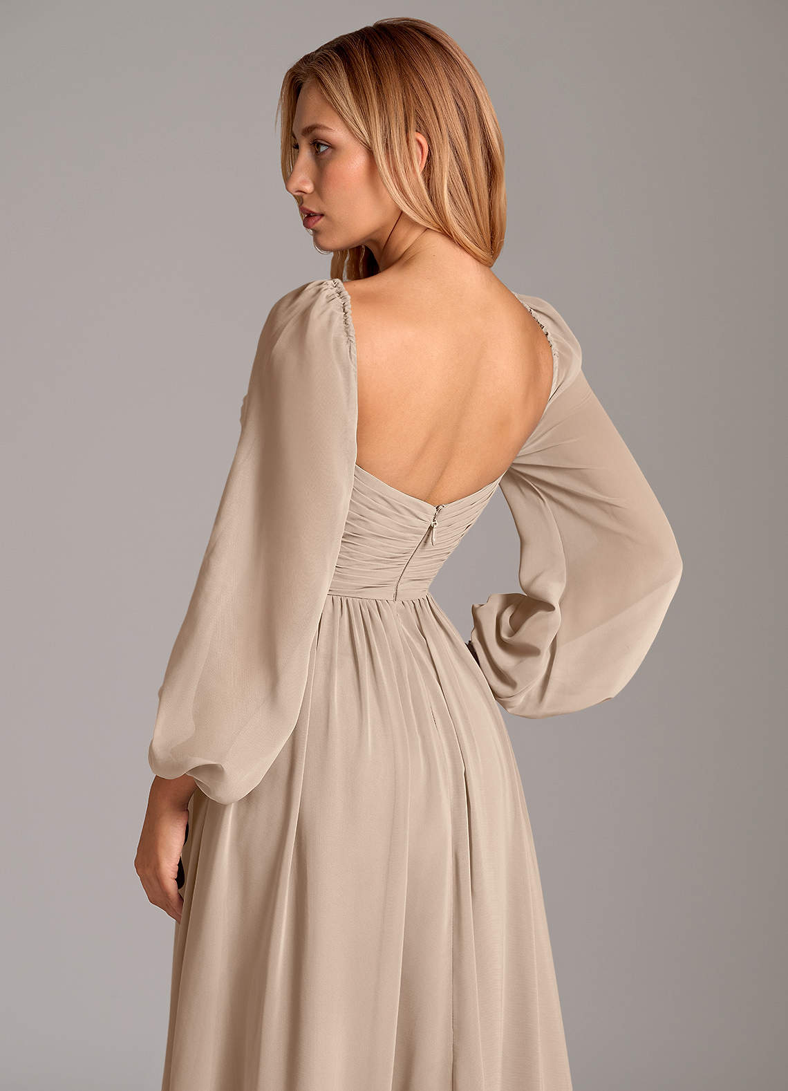 taupe long sleeve bridesmaid dresses Azazie A-Line V-Neck Long Sleeve Floor-Length Chiffon Bridesmaid Dresses