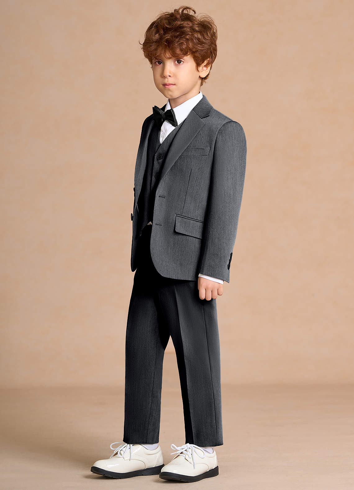 front Oliver Charcoal Boys 5-Piece Suit With Bow Tie