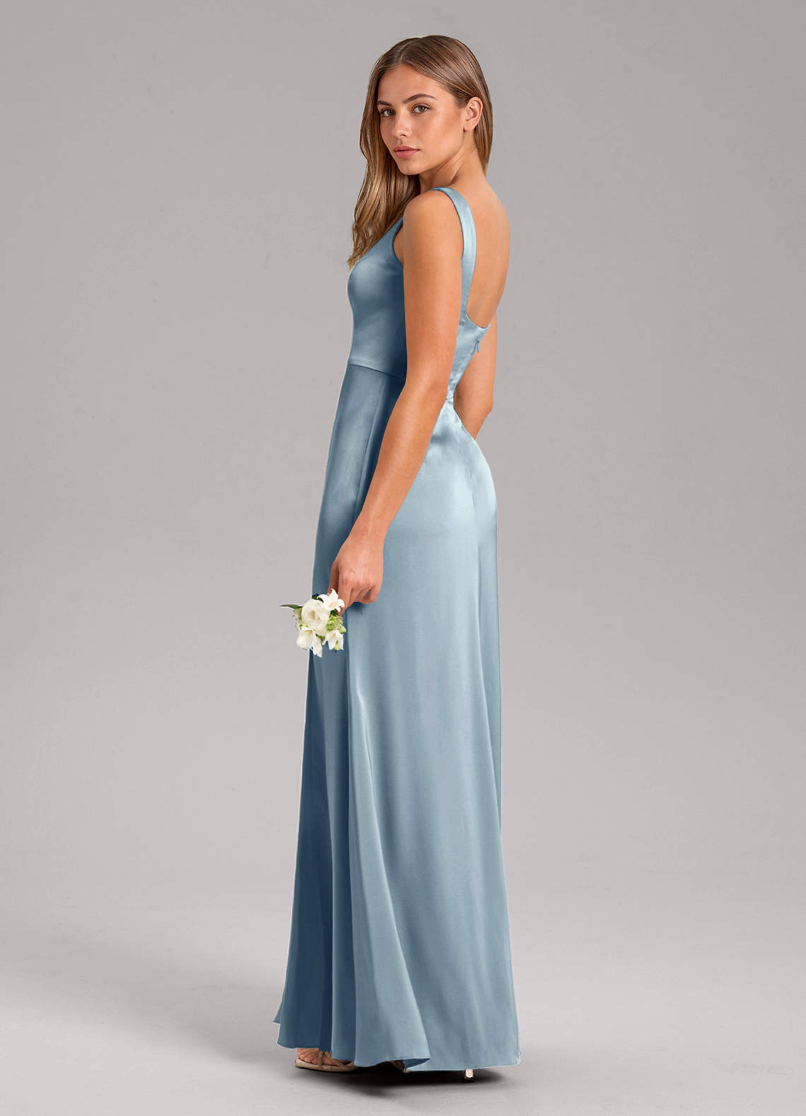 Azazie Frostine Vestidos de damas de honor Vestido de Azul Polvoriento de Satén Elástico de Corte en A con Lazo image12