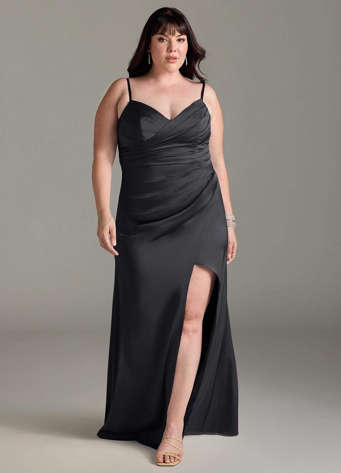 Azazie Yola Bridesmaid Dresses Black Sheath V-Neck Pleated Stretch Satin Convertible Dress image1