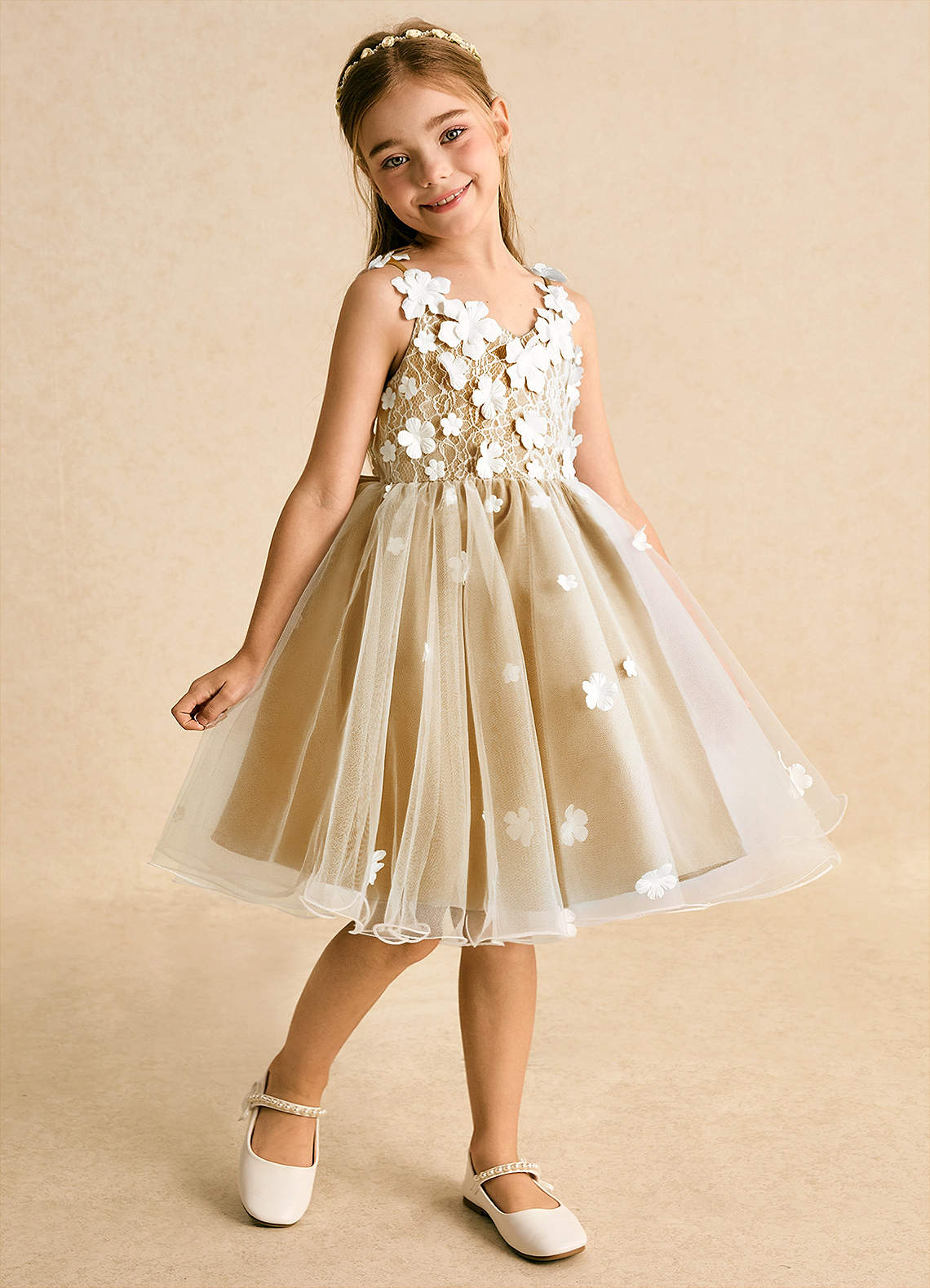 Azazie Junebug Robe Demoiselle D'honneur Fillette Robe Princesse en Tulle Dentelle Ivoire Caramel Au Beurre image1